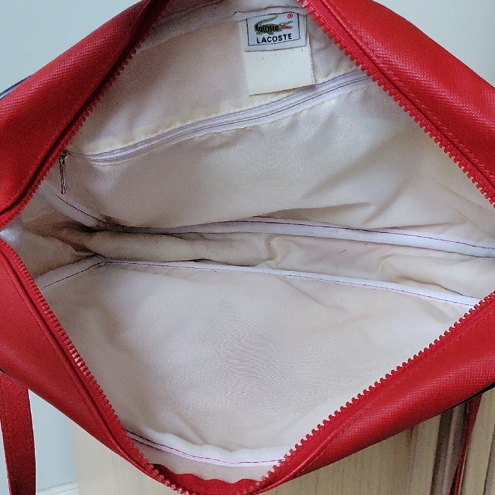 Lacoste Red Vinylon Crossbody Bag with Embossed Logo and Navy Rib Trim - Picture 9 of 9